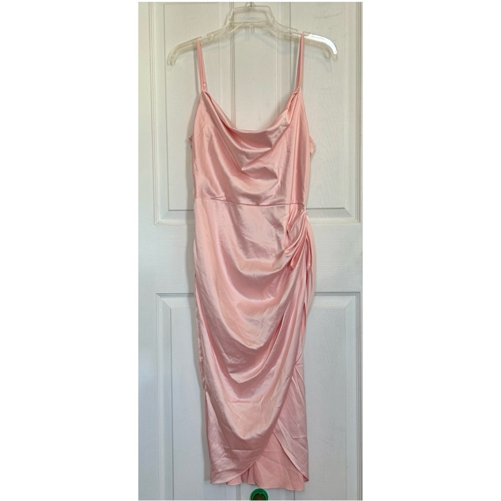 Pink Ruched Satin Faux-Wrap Cocktail Dress